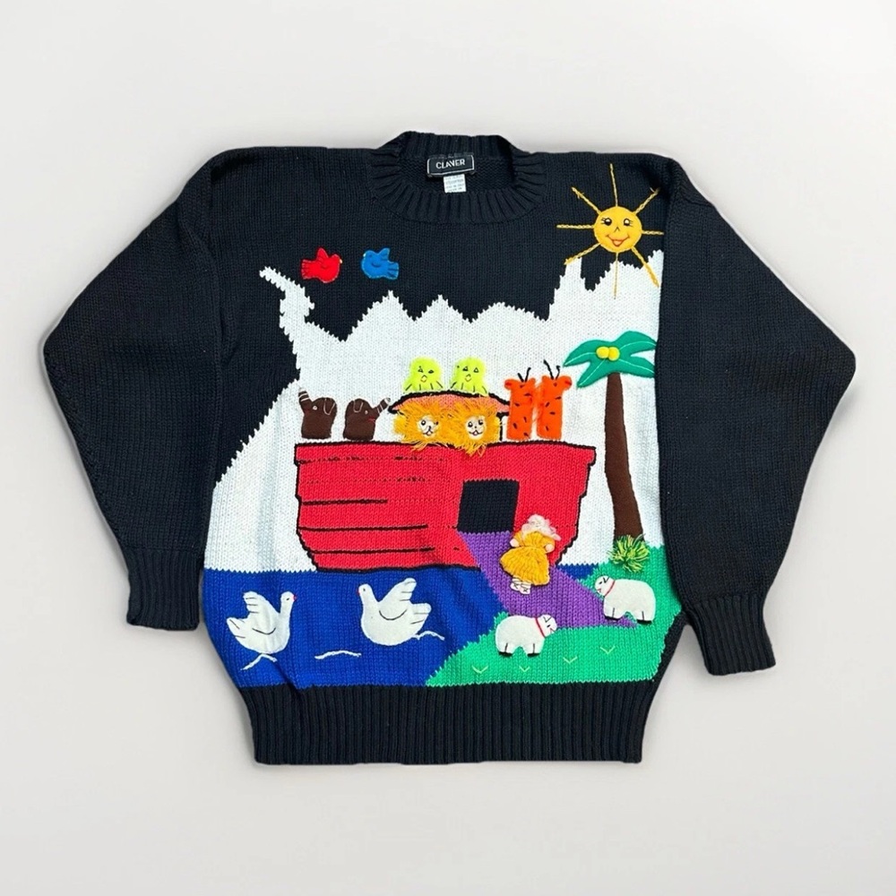 VTG 80s Noah’s Ark Knit Sweater Size Large Black Pullover Embroidered Grannycore